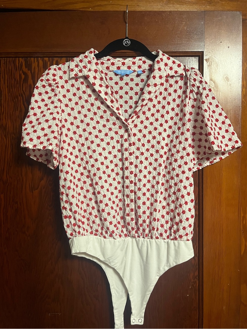 Draper James RSVP White Bodysuit Top with Red Floral Embroidery